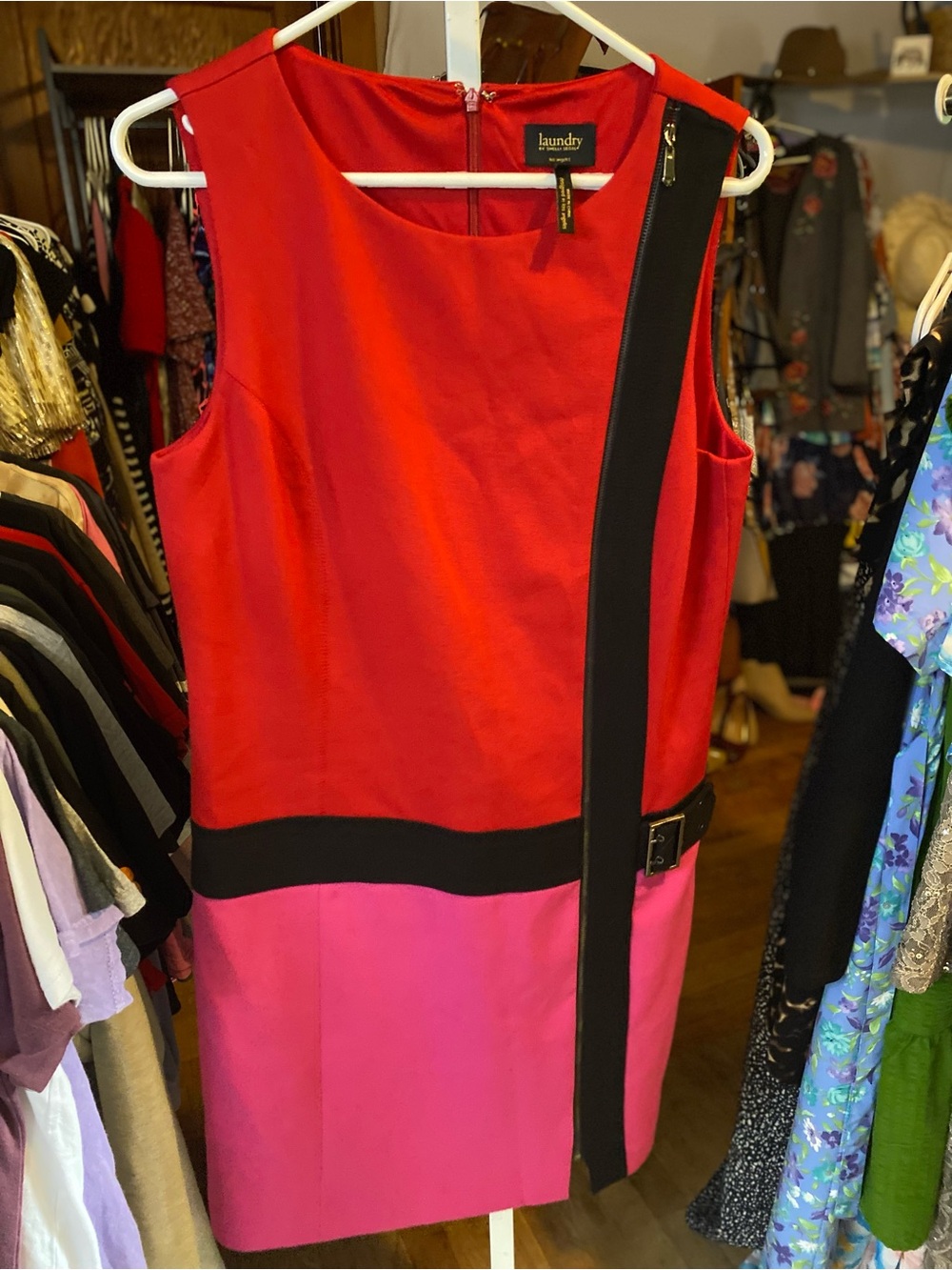 Laundry By Shelli Segal Red, Pink & Black Vertical Colorblock Sheath Dress